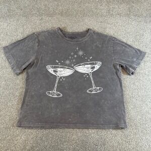 Rebellious One Womens XL Martini Graphic Tee Charcoal Mineral Wash Cotton Top